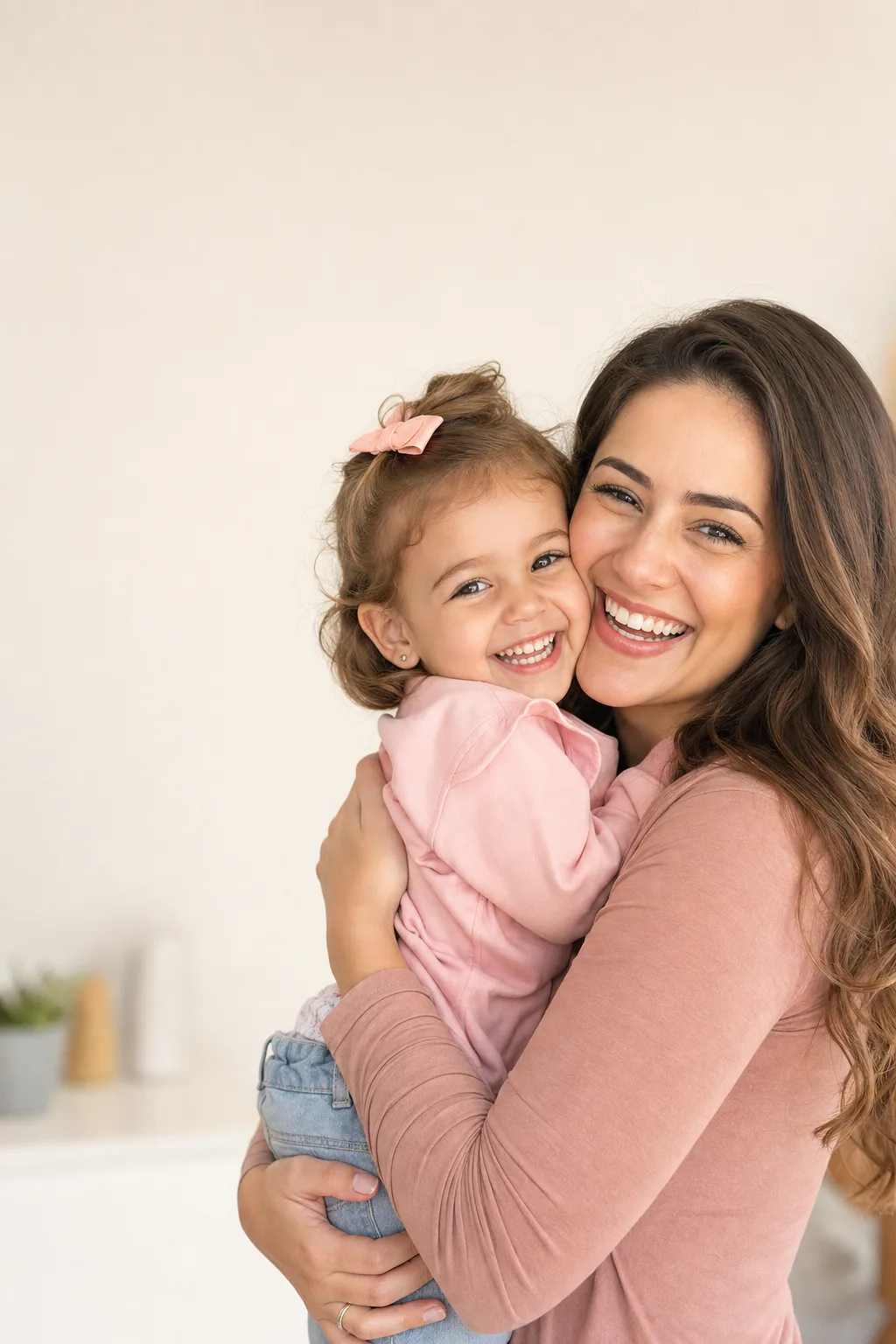 Mãe de blusa rosa abraçando a filha pequena rosto a rosto, as duas sorrindo
