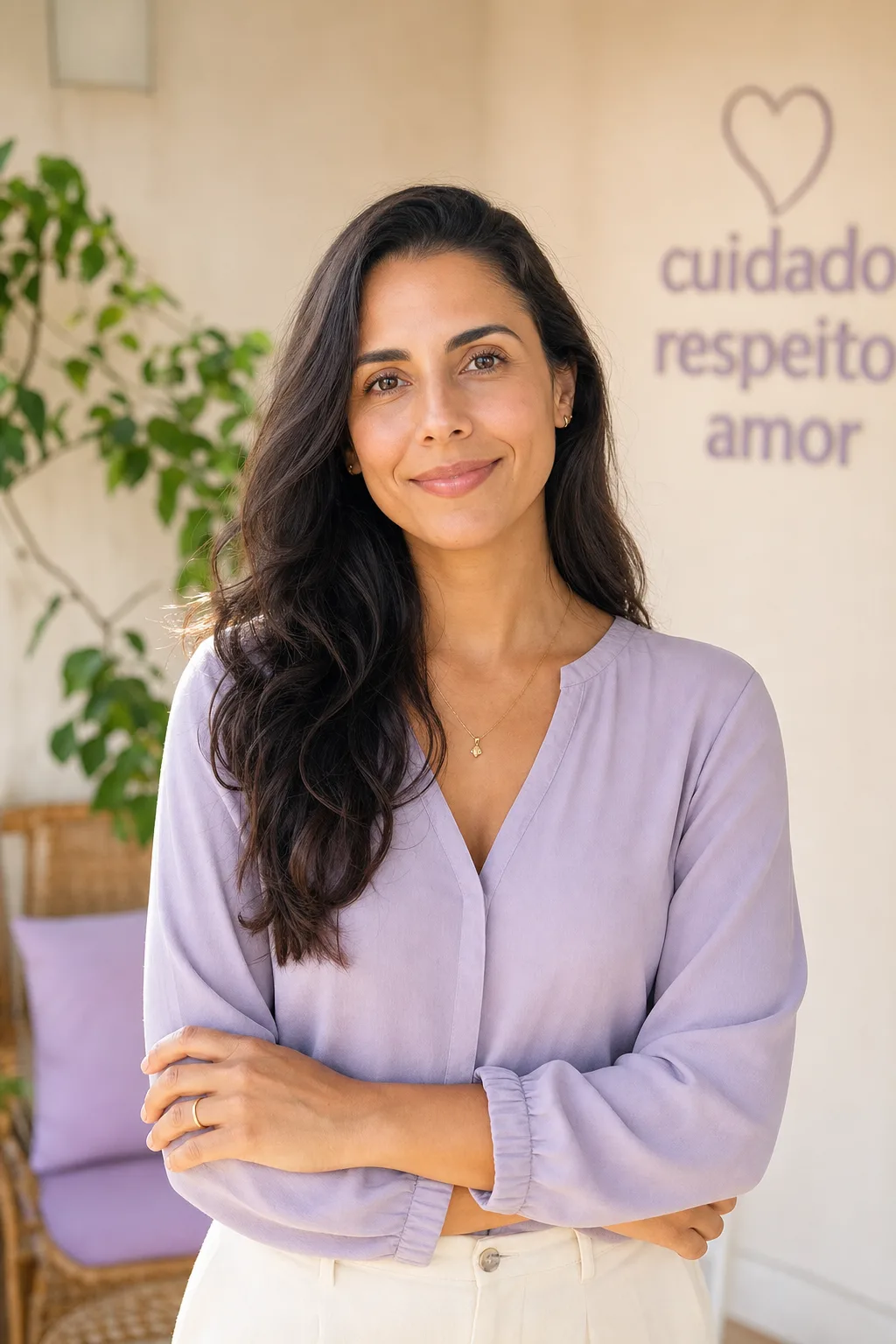 Franciely Cajueiro, fundadora da Agência Babá Araranguá, de blusa lilás, sorrindo em casa