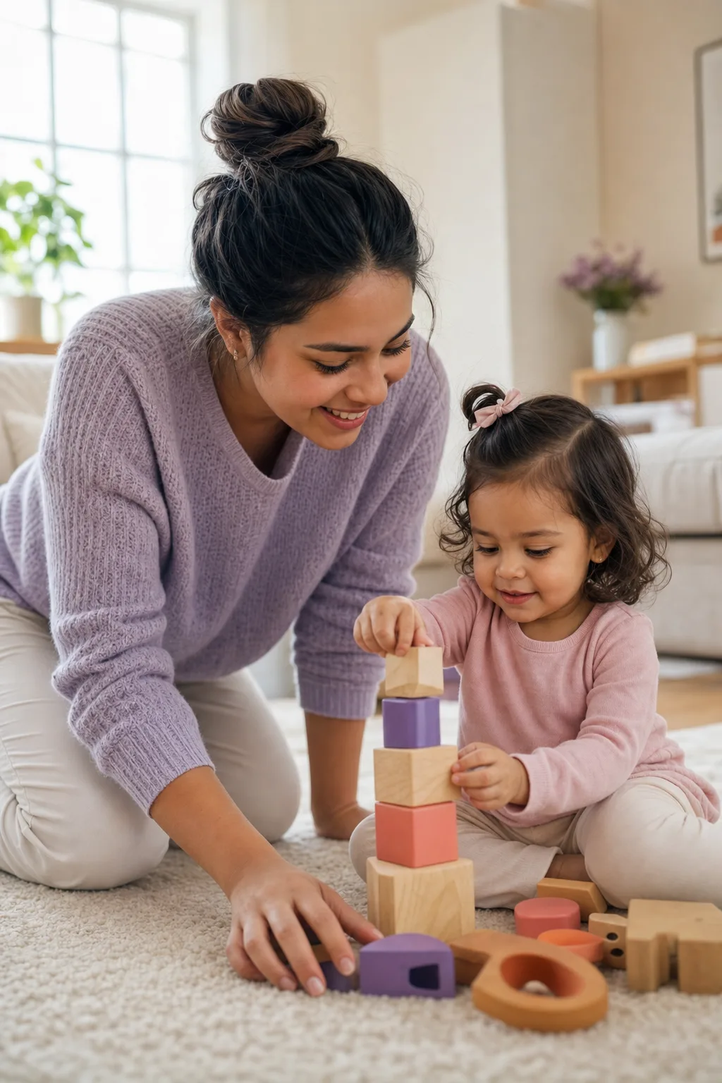 Babá de blusa lilás sorrindo enquanto brinca de montar blocos de madeira com uma menina pequena na sala de casa